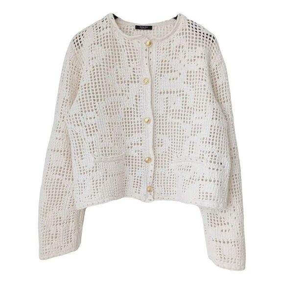 Massimo Dutti Women Sweater S Cream Crochet Cardigan Gold Buttons 5643/606 NWT - Picture 1 of 15